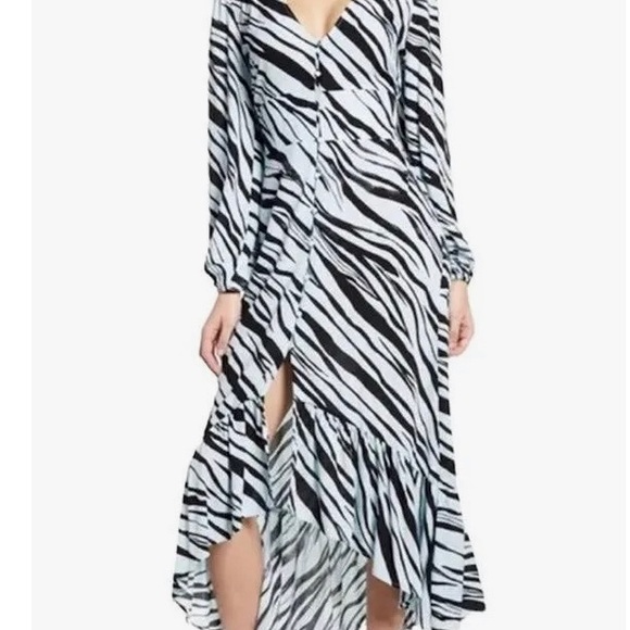 Leith Blue Slash Tulip Hem V-Neck Puffy Sleeves Smoked Back Midi Dress Size L - Picture 12 of 12